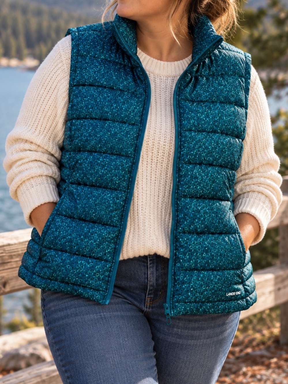 Lands End Down Puffer Vest Womens 1X Teal Geometric Print Quilted Winter Casual